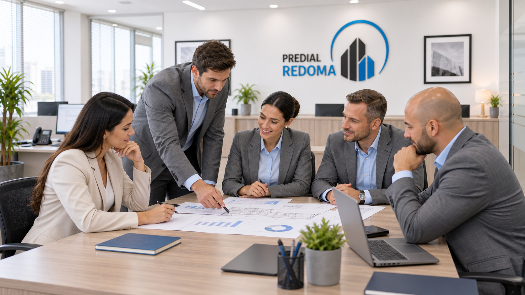 Equipe de gestão avaliando planejamento condominial em escritório Predial Redoma