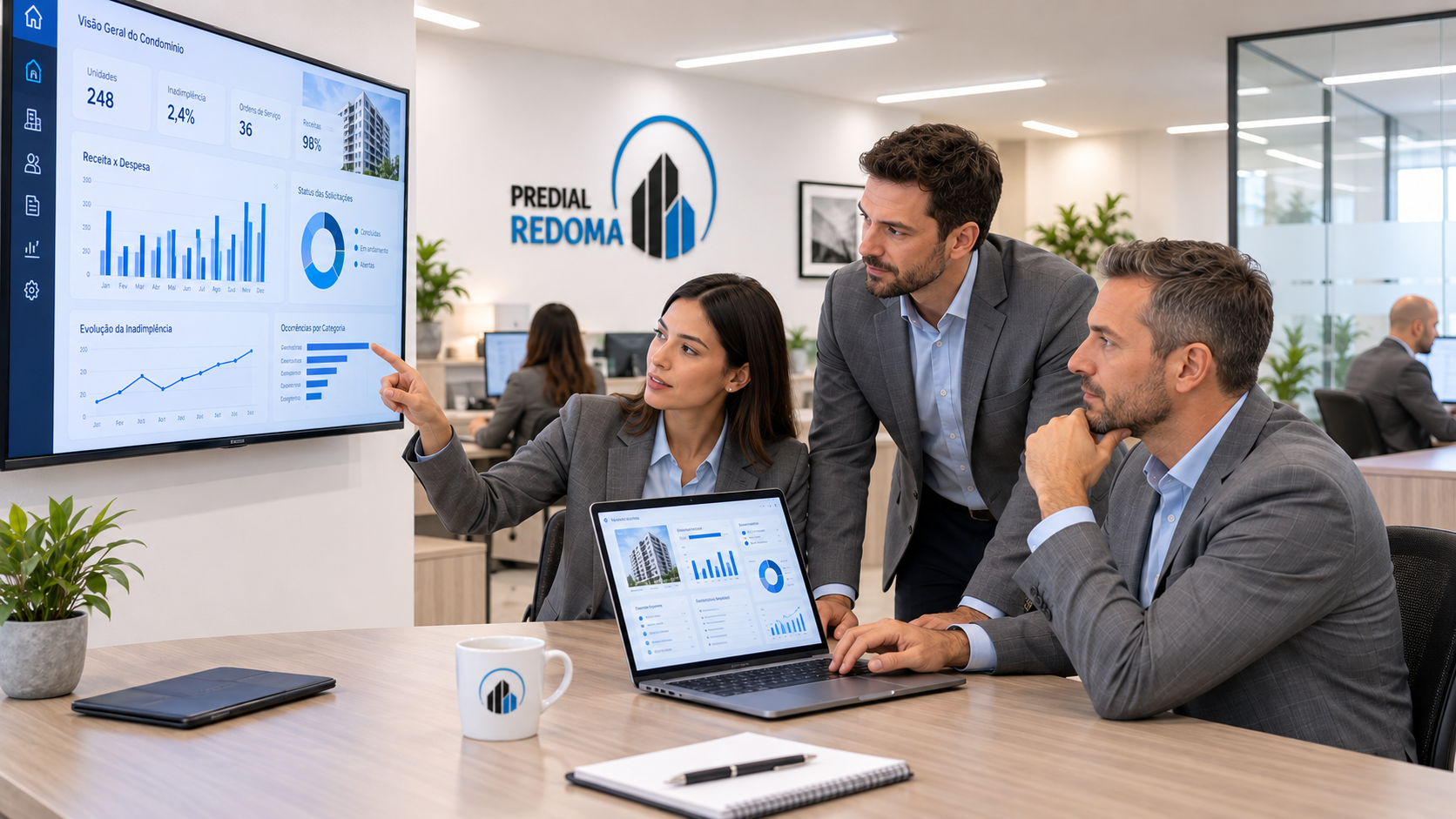 Equipe acompanhando indicadores digitais de gestão condominial no escritório Predial Redoma