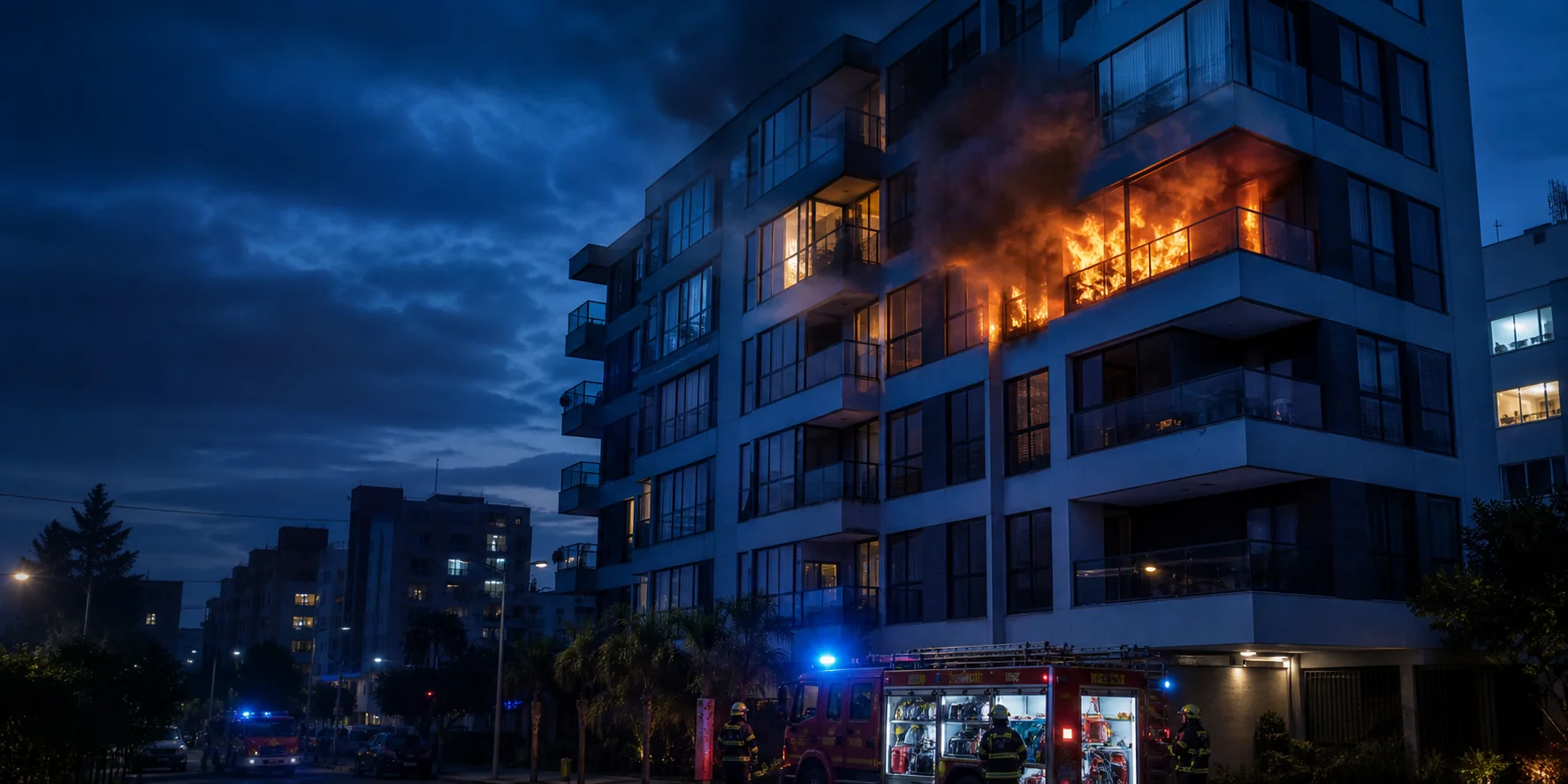Edifício residencial com incêndio em um apartamento e bombeiros em atendimento